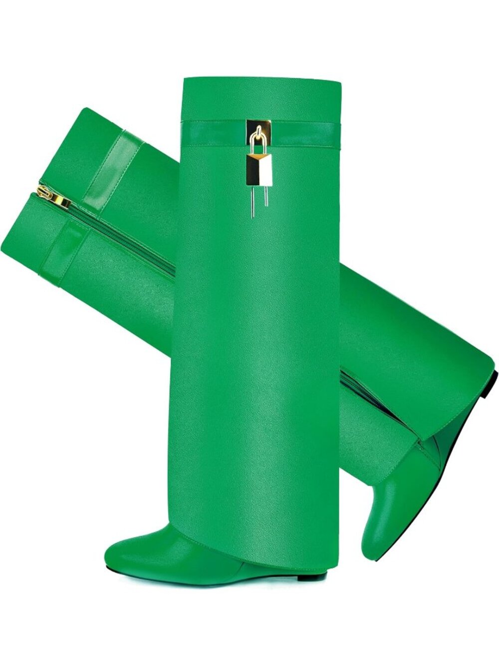 Women's Green Pointy Pull On Wedge Heel Knee Shark Side Zipper Fold Over Boot
